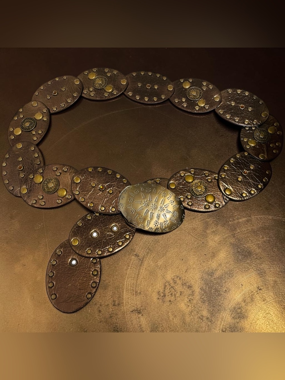 Studded Oval Western Boho Waist Belt with Embossed Buckle - Brown & Gold